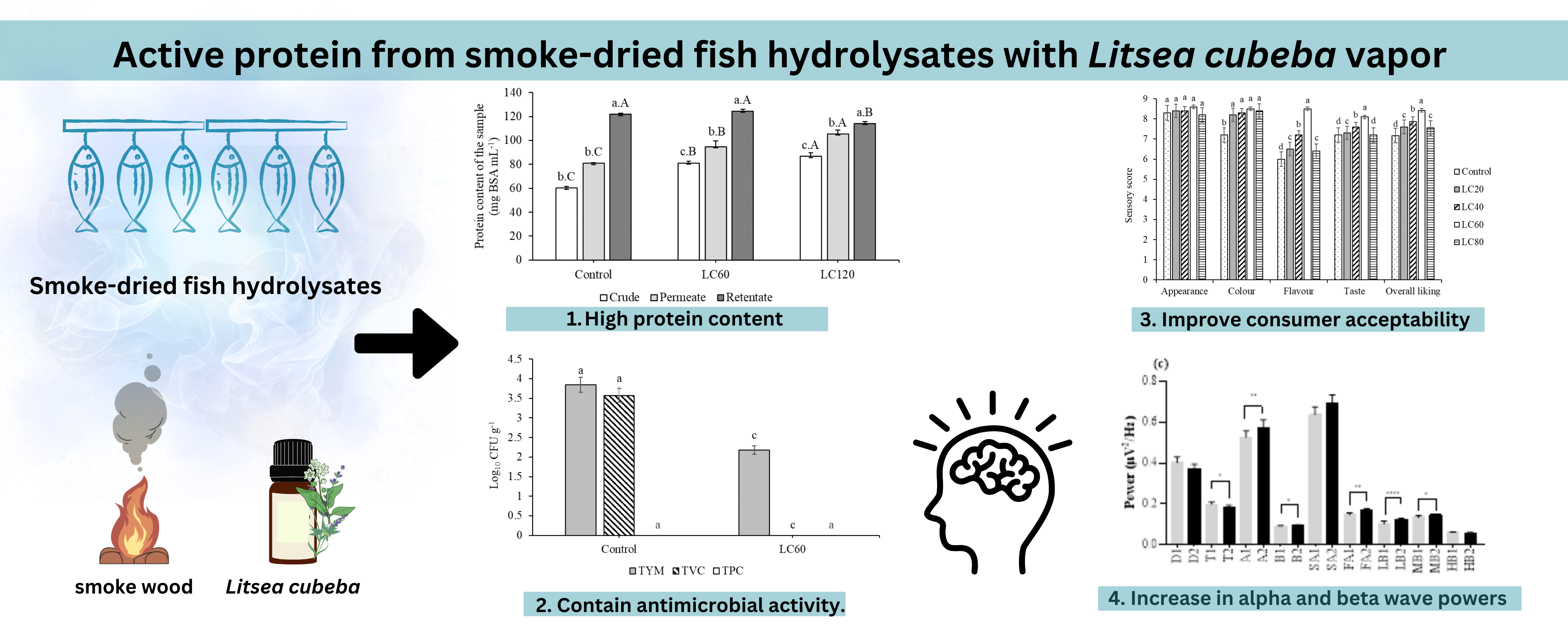 Active Protein Ingredient from Smoke-Dried Fish Hydrolysates with Litsea cubeba Vapor for Enhancing Organoleptic Properties, Microbial Safety, and Brain Response
