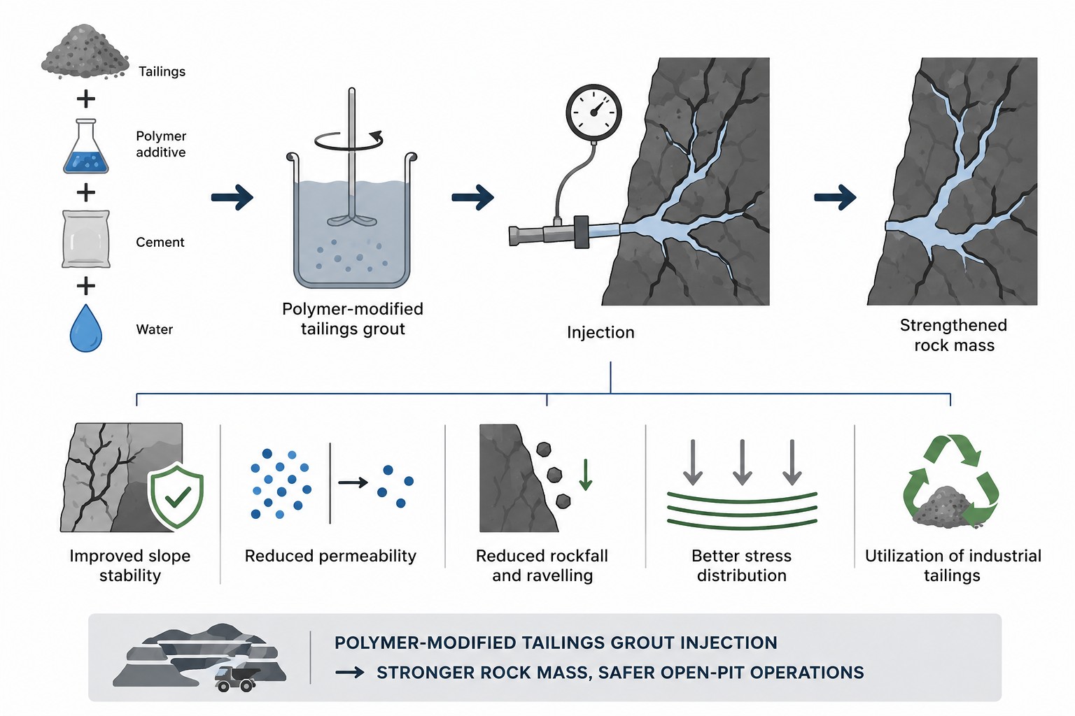 Injection Strengthening of Fractured Rock Masses in Open-Pit Slopes Using Polymer-Modified Tailings-Based Grout
